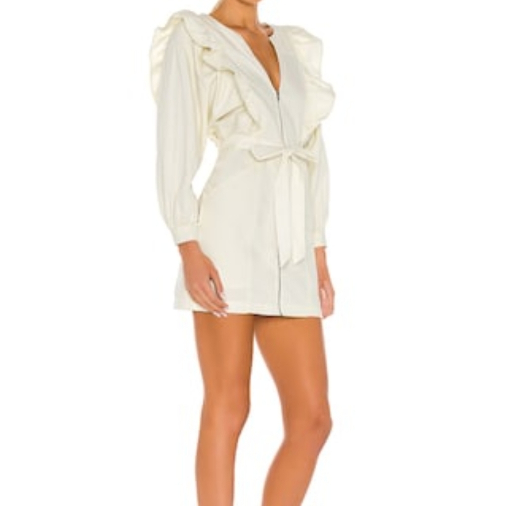 Free People Cream Ruffle Mini Dress with Tie Waist